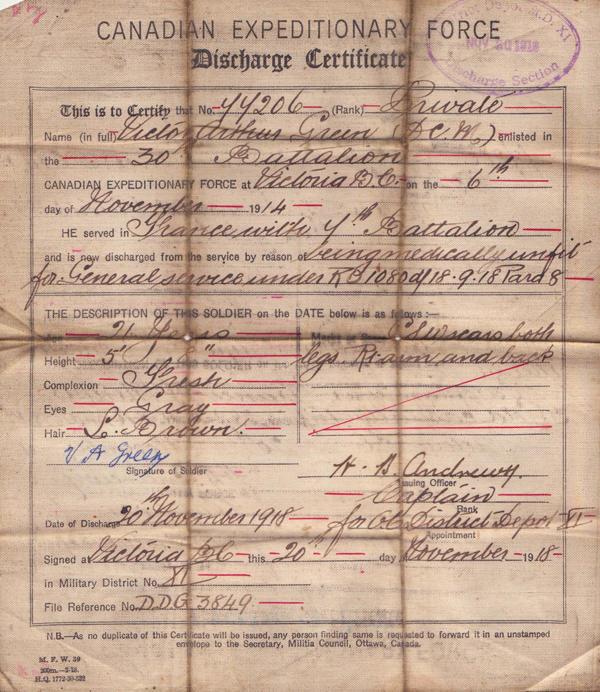 Discharge Certificate, front.