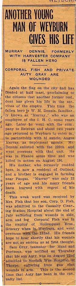 Weyburn Saskatchewan Obituary
"Another Young Man of Weyburn
Gives His Life."