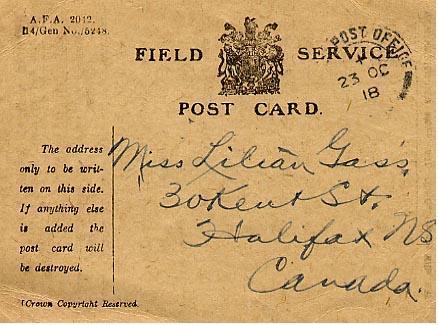 Field Service 
Post Card
October 22, 1918
Front