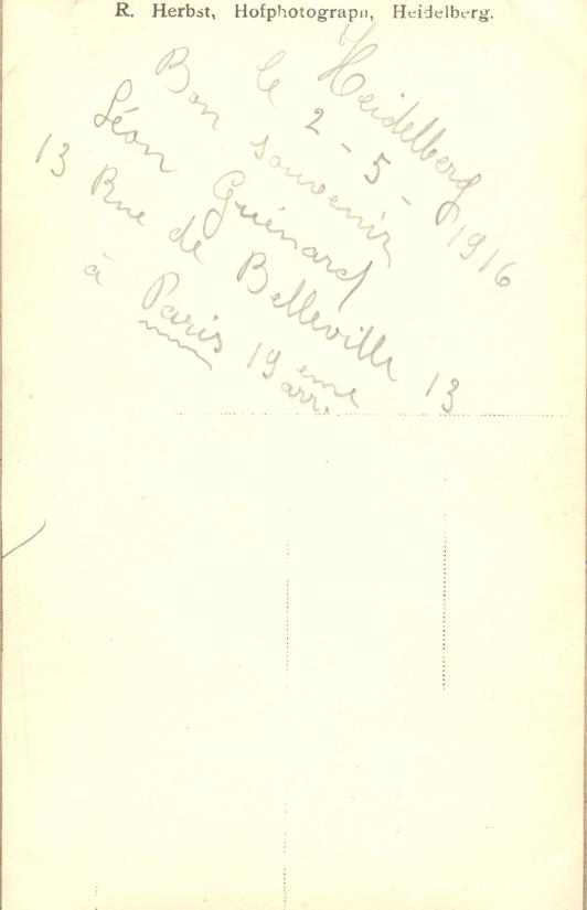 Back view of portrait of Léon Guinard, Heidelberg P.O.W. Camp, Germany, Aug. 1916, WWI