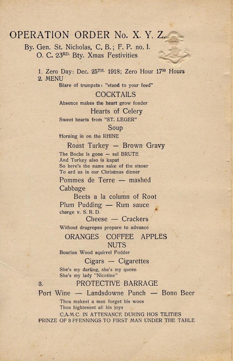 Christmas 1918 Menu, page 1.