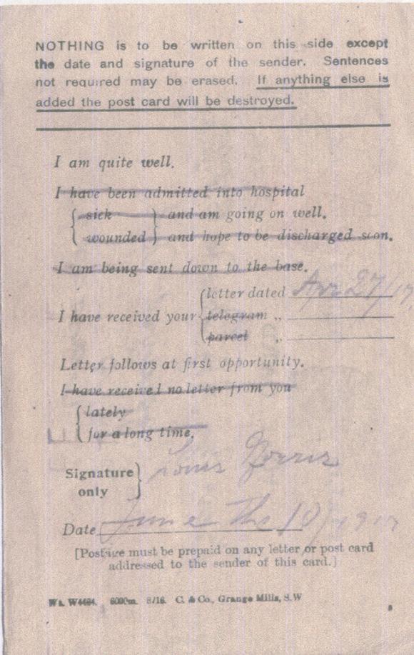 Norris, Louis. July 11, 1917. Back Postcard. 