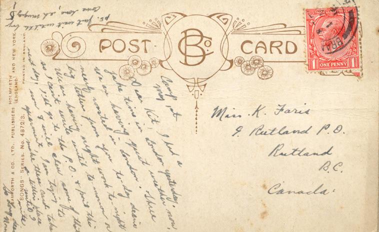 [1916] 
Camp
May 1st

I had a jake time in London yesterday.  We are having great weather now, nearly wasted in London.  Three big letters from you today dearie.  We are having night work to-night so I can't write until to-morrow or next day.  I'll go to the p.o. &amp; post this now.  I will chew some of that spearmint.  I am trying to make these card take a letter place until I write 

So long Dear
Norm

P.S. just wait until the boy come home, eh Muggy