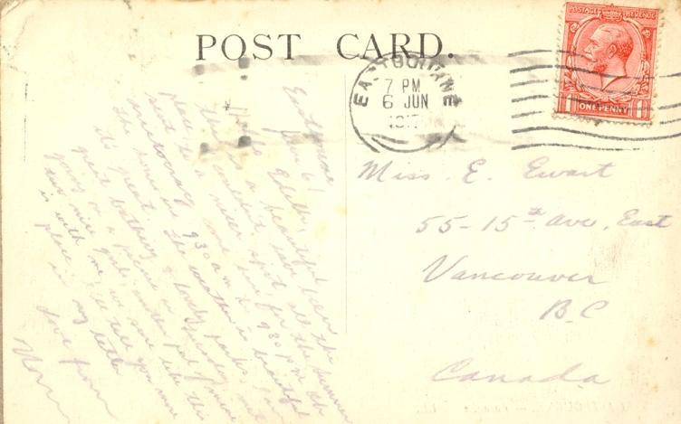 Eastbourne June 6/

Dear Edith,

This is a beautiful place, I couldn't have been sent to a nicer spot all the aristocracy come here for the summer.  The hours are 9.30 a.m. to 9.30 p.m oh it's great.  The weather is great, great bathing &amp; great parks.  I am going on a picnic on Tuesday met two great girls, another pal of mine is with me, we sure like this place, I'll tell you more in a letter.  

Love from Norm